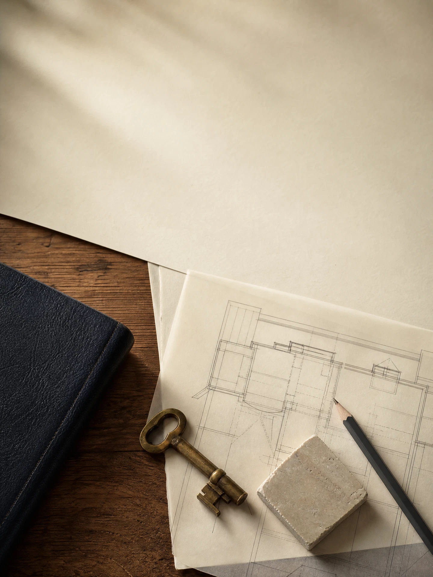 Architectural notes and a brass key